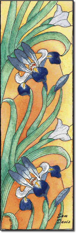 Siberian Iris Art Nouveau Style watercolor/pen and ink by Sam Davis 2023